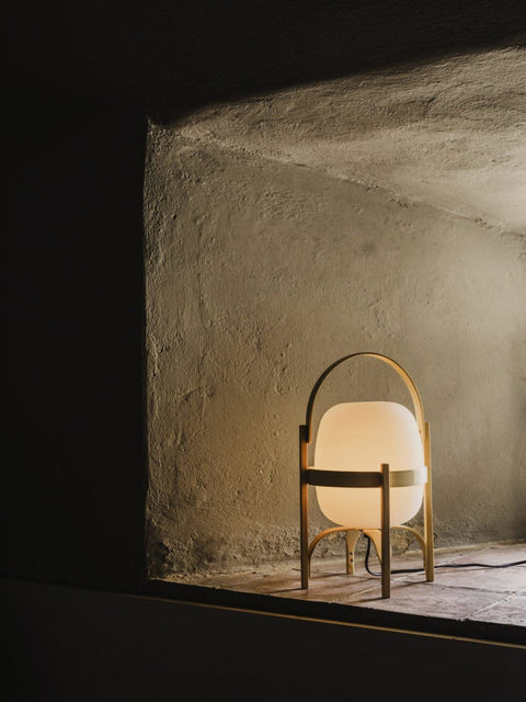 Lantern Table Lamp with Wooden Cage and Glass Shade