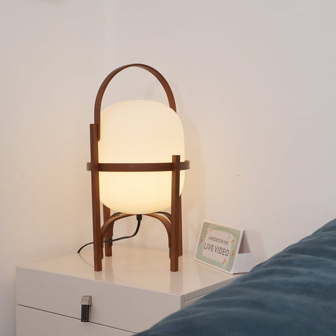 Lantern Table Lamp with Wooden Cage and Glass Shade
