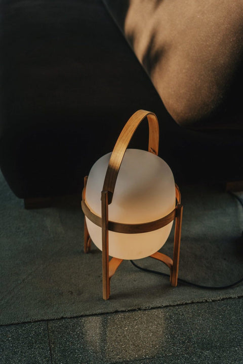 Lantern Table Lamp with Wooden Cage and Glass Shade