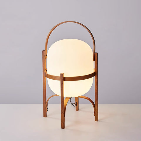 Lantern Table Lamp with Wooden Cage and Glass Shade