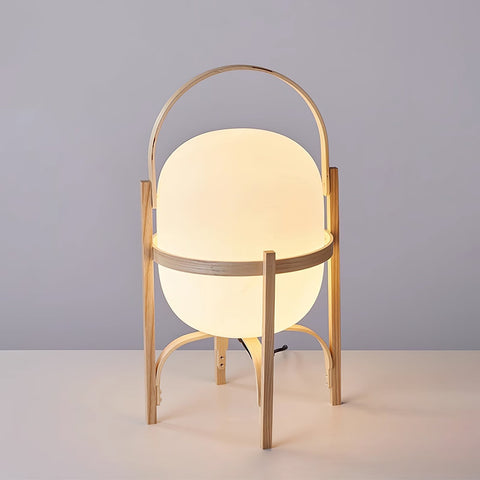 Lantern Table Lamp with Wooden Cage and Glass Shade