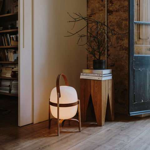 Lantern Table Lamp with Wooden Cage and Glass Shade