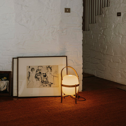 Lantern Table Lamp with Wooden Cage and Glass Shade
