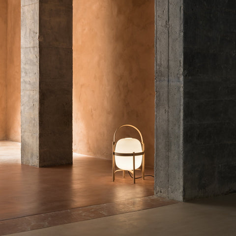 Lantern Table Lamp with Wooden Cage and Glass Shade