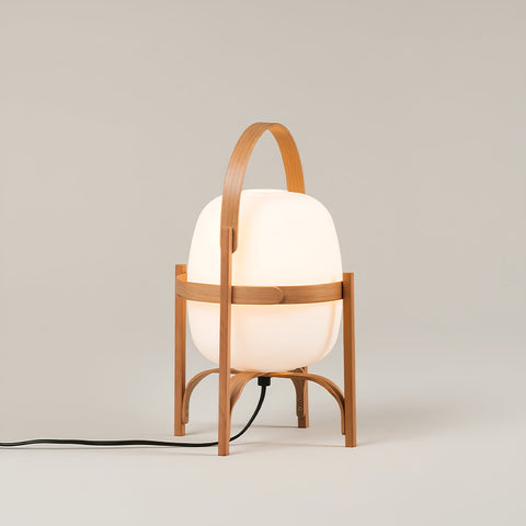 Lantern Table Lamp with Wooden Cage and Glass Shade