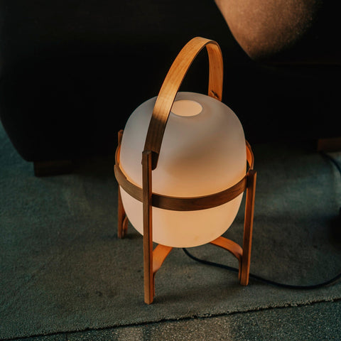 Lantern Table Lamp with Wooden Cage and Glass Shade