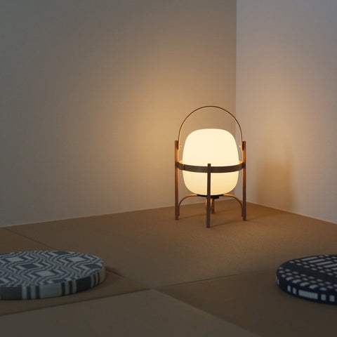 Lantern Table Lamp with Wooden Cage and Glass Shade