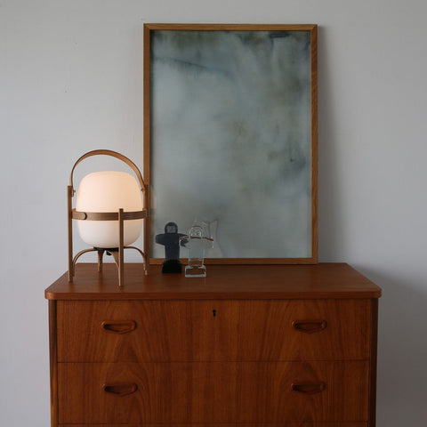 Lantern Table Lamp with Wooden Cage and Glass Shade