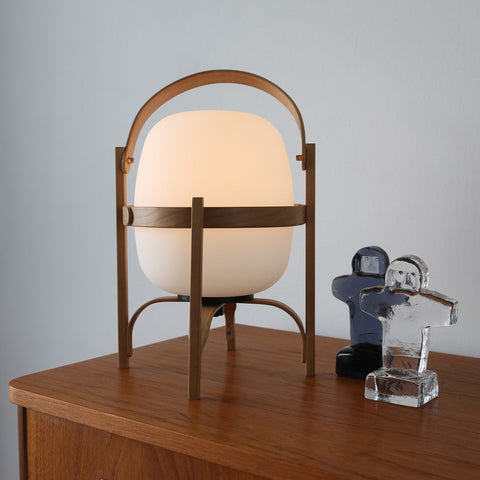 Lantern Table Lamp with Wooden Cage and Glass Shade