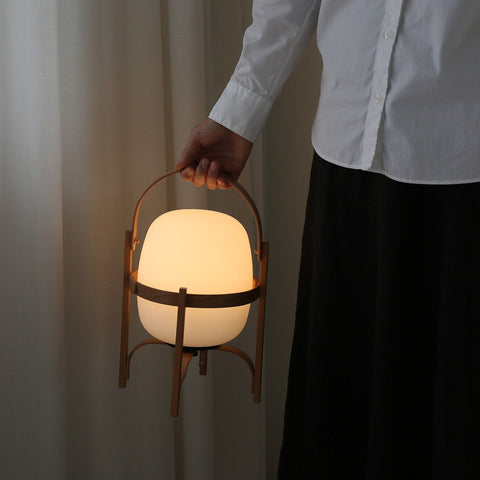 Lantern Table Lamp with Wooden Cage and Glass Shade
