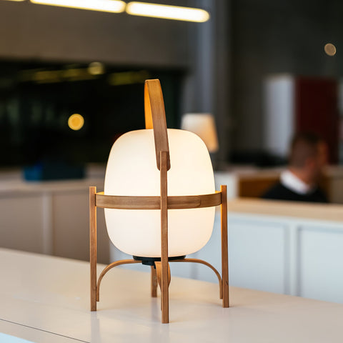Lantern Table Lamp with Wooden Cage and Glass Shade