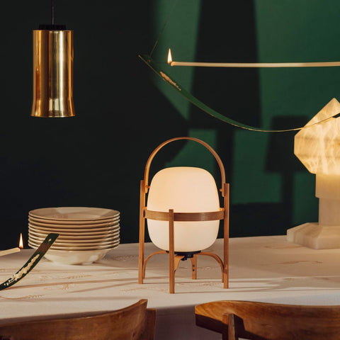 Lantern Table Lamp with Wooden Cage and Glass Shade