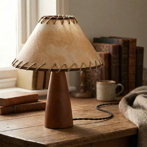 Table Lamp with Wood Base and Cord-Trimmed Shade
