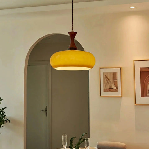 Glass Dome Pendant Light with Wood Accent