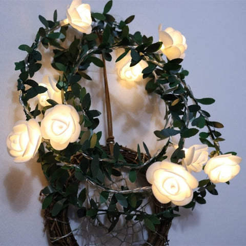 LED Rose Garland String Lights with Leaf Detail and Battery Power