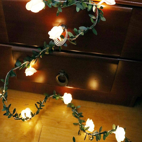 LED Rose Garland String Lights with Leaf Detail and Battery Power