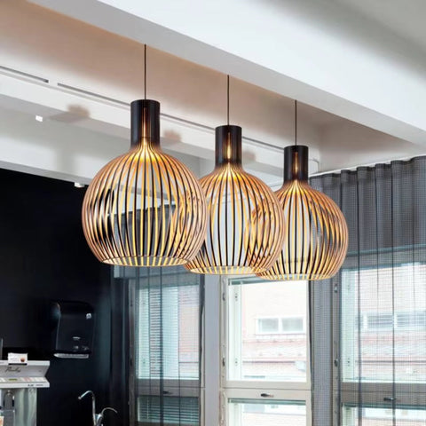 Wood Slat Pendant Light with Adjustable Suspension for Modern Interiors