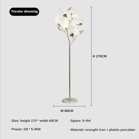 Ginkgo Branch Chandelier with Ceramic Leaf Forms in Metal and Ceramic