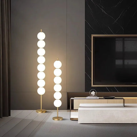 Modern Orb Floor Lamp with Stacked Glowing Orbs in Iron and Glass