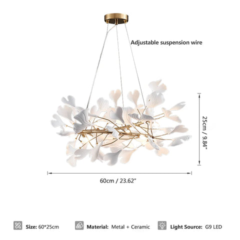 Ginkgo Branch Chandelier with Ceramic Leaf Forms in Metal and Ceramic