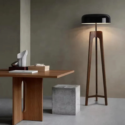 Solid Wood Floor Lamp with Tripod Base and Drum Shade
