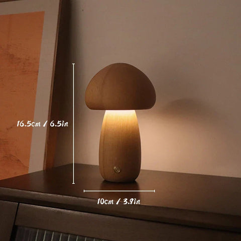 Mushroom-Shaped Wooden Table Lamp with Adjustable Brightness and USB Power