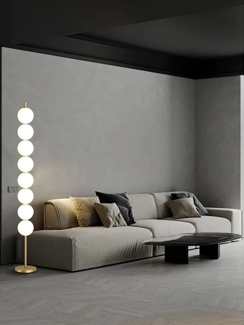 Modern Orb Floor Lamp with Stacked Glowing Orbs in Iron and Glass