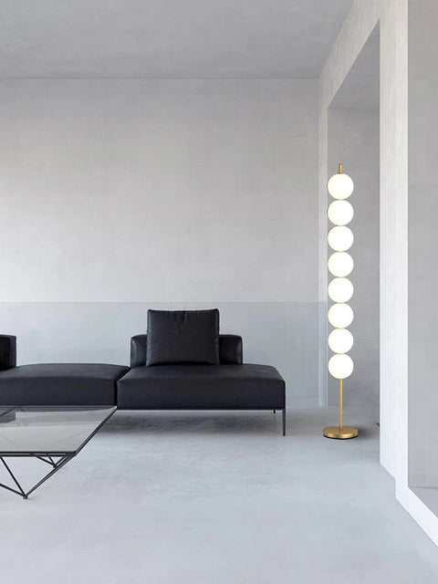 Modern Orb Floor Lamp with Stacked Glowing Orbs in Iron and Glass