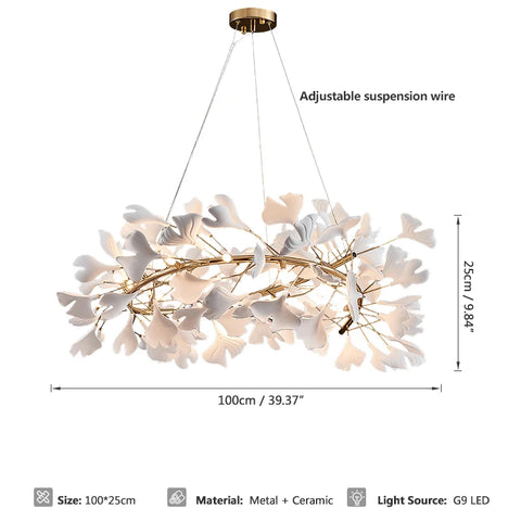 Ginkgo Branch Chandelier with Ceramic Leaf Forms in Metal and Ceramic