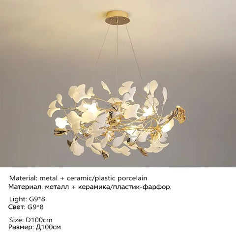 Ginkgo Branch Chandelier with Ceramic Leaf Forms in Metal and Ceramic