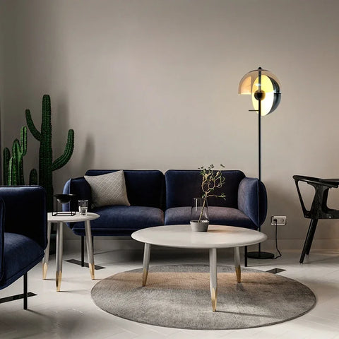 Twin Orb Floor Lamp with Twin Spherical Shades in Metal and Glass