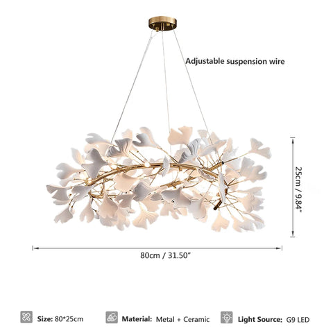 Ginkgo Branch Chandelier with Ceramic Leaf Forms in Metal and Ceramic