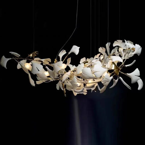 Ginkgo Branch Chandelier with Ceramic Leaf Forms in Metal and Ceramic