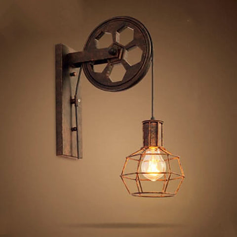 Industrial Pulley Wall Sconce with Wood and Iron Details