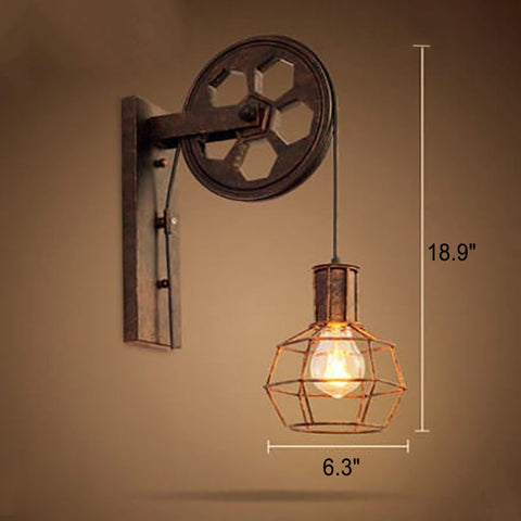 Industrial Pulley Wall Sconce with Wood and Iron Details