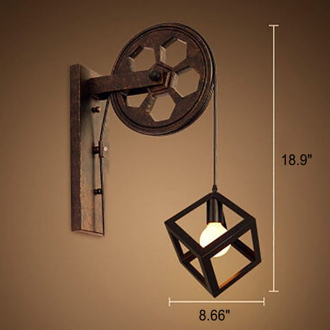 Industrial Pulley Wall Sconce with Wood and Iron Details
