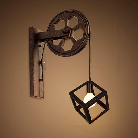 Industrial Pulley Wall Sconce with Wood and Iron Details