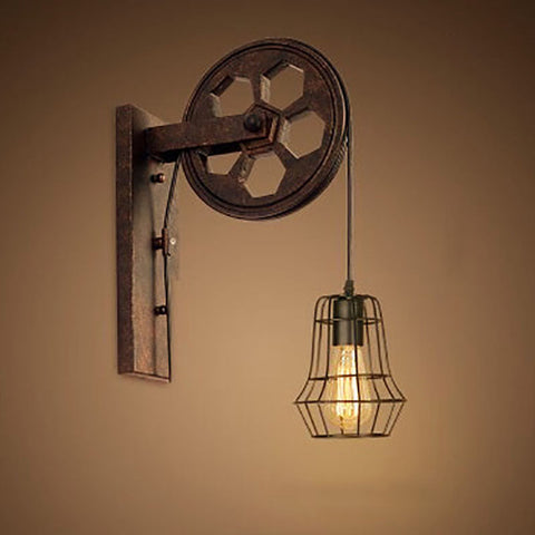 Industrial Pulley Wall Sconce with Wood and Iron Details