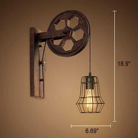 Industrial Pulley Wall Sconce with Wood and Iron Details