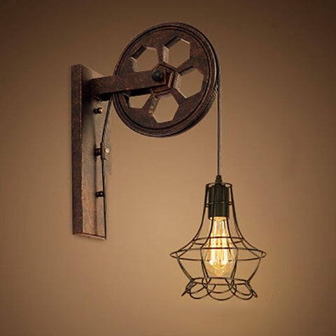 Industrial Pulley Wall Sconce with Wood and Iron Details