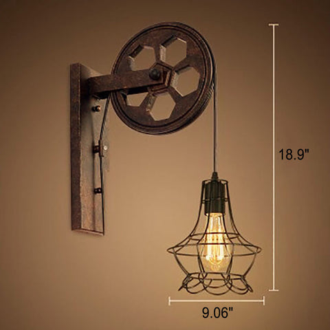 Industrial Pulley Wall Sconce with Wood and Iron Details