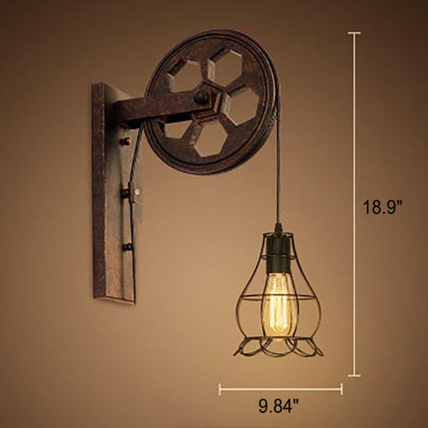Industrial Pulley Wall Sconce with Wood and Iron Details
