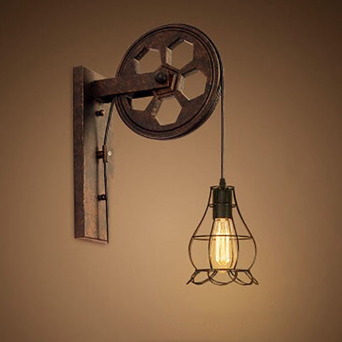 Industrial Pulley Wall Sconce with Wood and Iron Details