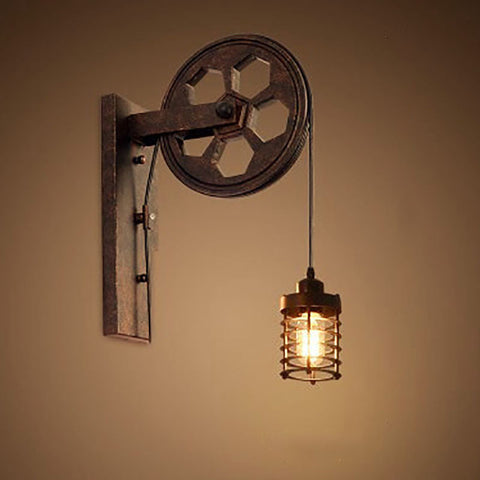 Industrial Pulley Wall Sconce with Wood and Iron Details