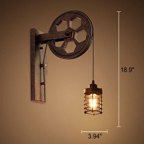 Industrial Pulley Wall Sconce with Wood and Iron Details