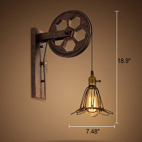 Industrial Pulley Wall Sconce with Wood and Iron Details