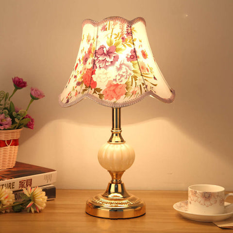 Floral Fabric Shade Table Lamp with Glass and Iron Base