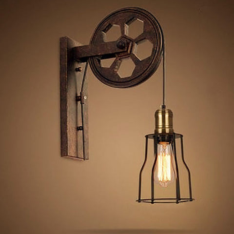 Industrial Pulley Wall Sconce with Wood and Iron Details
