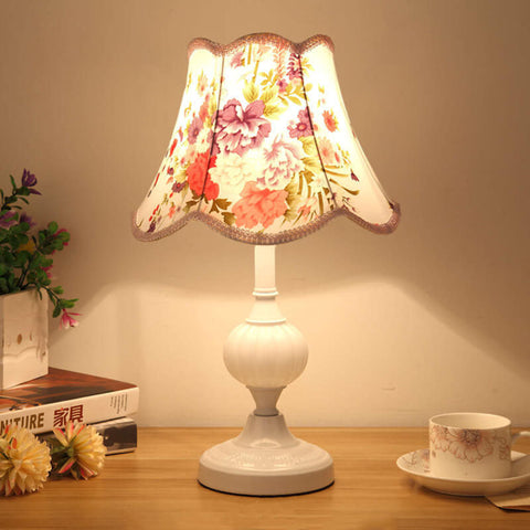 Floral Fabric Shade Table Lamp with Glass and Iron Base