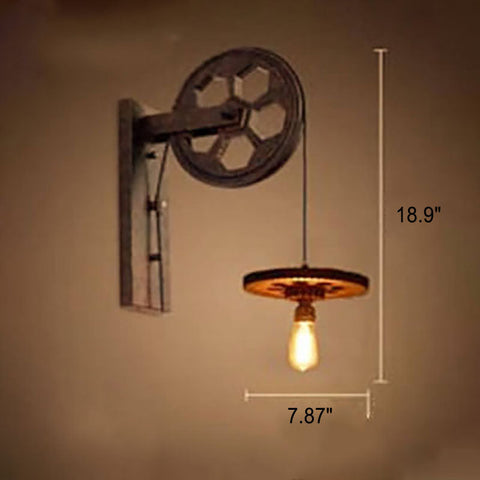 Industrial Pulley Wall Sconce with Wood and Iron Details